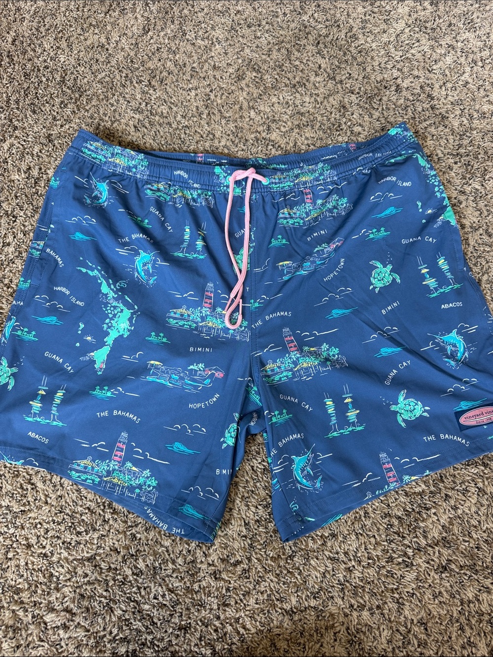 Vineyard Vines Navy Swim Trunks with Aqua Print and Pink Drawstring